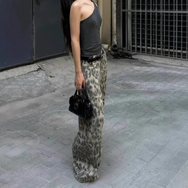 유럽과 미국의 복고풍 레오파드 프린트 청바지 여성 y2k 하이 스트리트 베이브 힙합 힙합 캐주얼 모핑 롱 팬츠