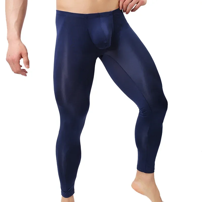Fashion Men's Legging Ice Silk Homme Sleepwear Long Johns See Through Ultra-Thin Bottoms