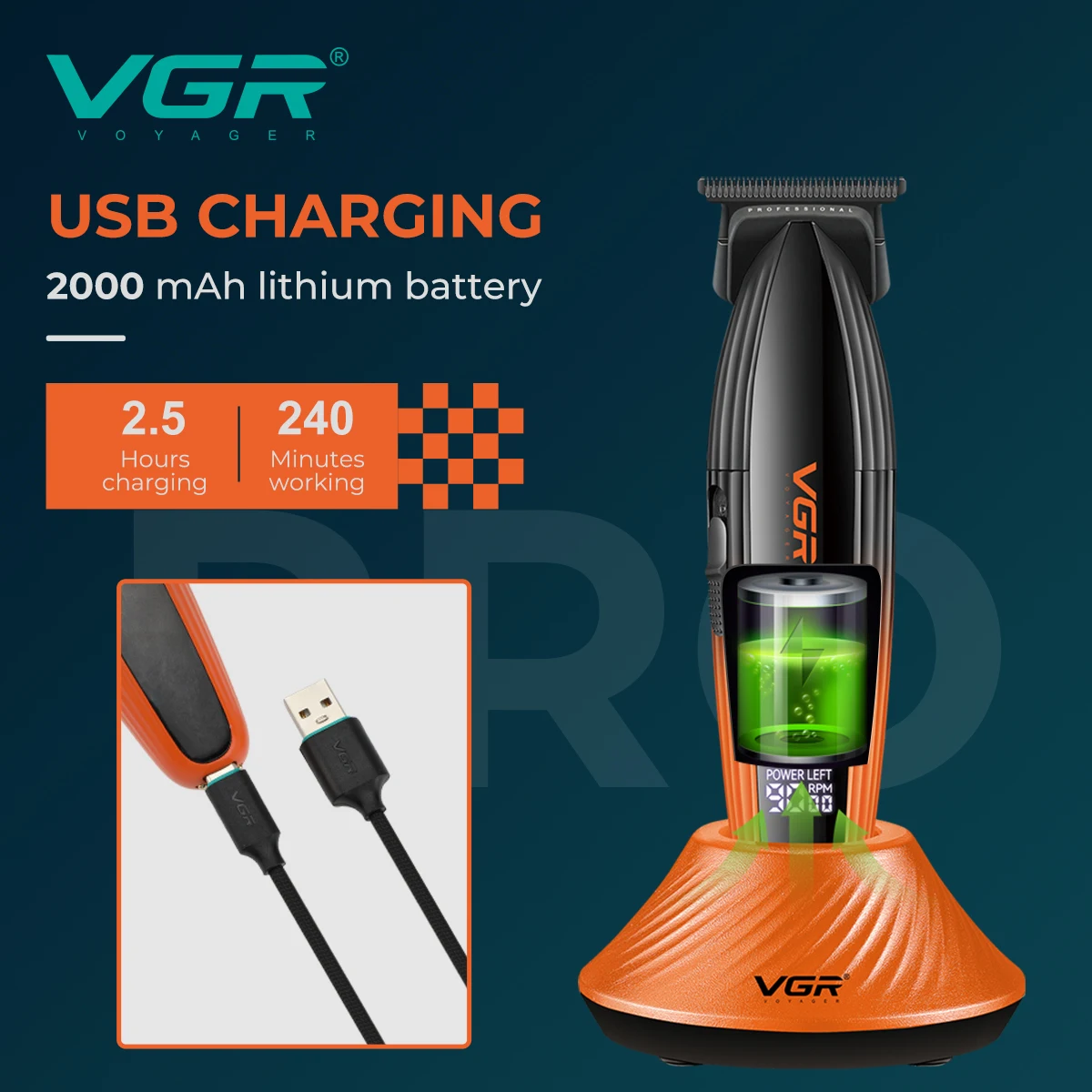 VGR الشعر المتقلب للرجل قابلة للشحن آلة الشعر قطع كليبرز الحلاق المهنية 9000 دورة في الدقيقة قادين الشعر آلة V-889T