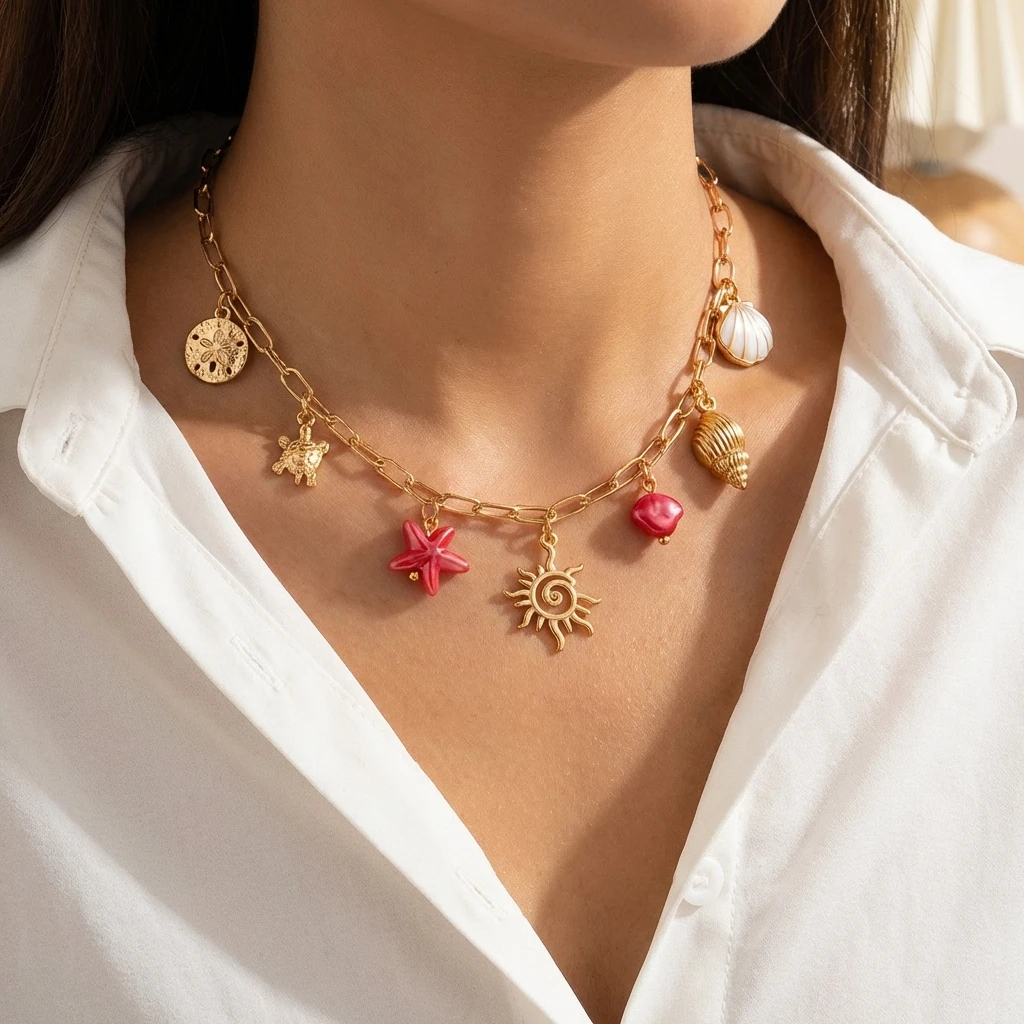 Klassische Seestern-Kokospalmen-Muschel-Sonnen-Anhänger-Halskette für Frauen Boho Goldfarben-Kette Choker Trendiger Sommer-Strandschmuck – Detail 1