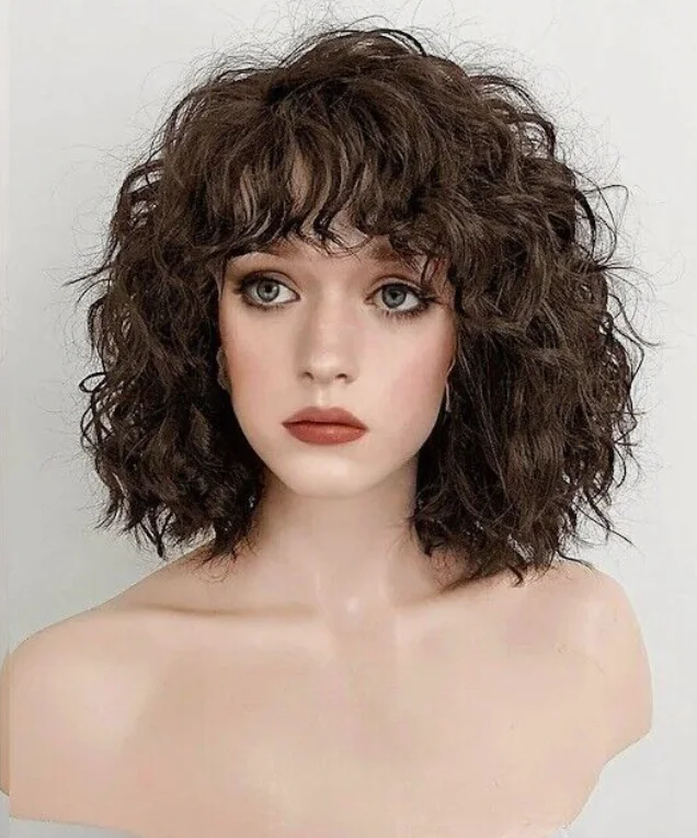 Natural Black Human Hair Short Water Wave Human Hair Wigs with Bangs 10 inch