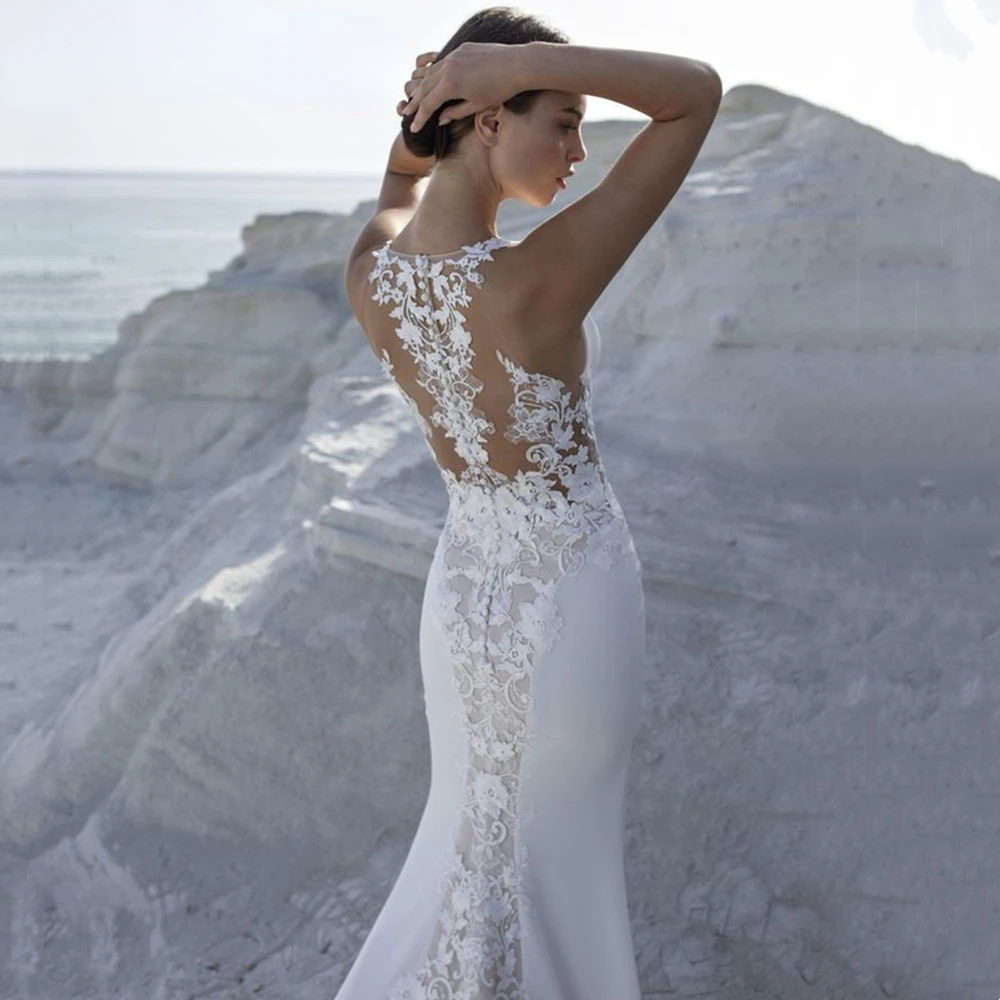 Sexy Meerjungfrau Brautkleider V-ausschnitt Spitze Appliques Illusion Tasten Zurück Satin Formale Brautkleider Vestidos De Novias