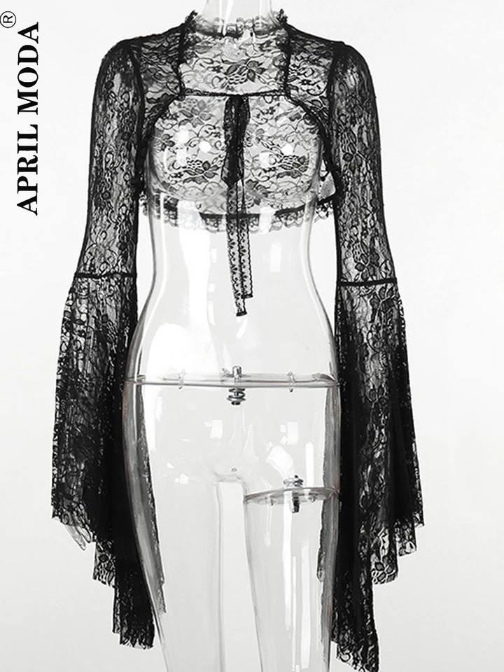Women Black Lace Shrug Bolero Short Flare Sleeve Cropped Jacket