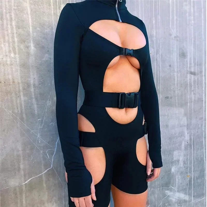 Women Sexy Long Sleeve Hollow Out Clubwear Bodysuit Short Jumpsuit Orange Fluorescent Green Bodycon Buckle Cut Out Biker Romper
