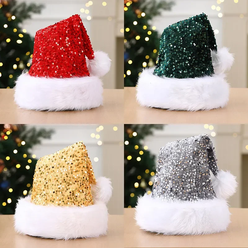 Sequin Santa Hat with White Fluffy, Sparkly Christmas Hat Unisex Adult Xmas Party Costume Headwear, Multi Color Christmas  Hats