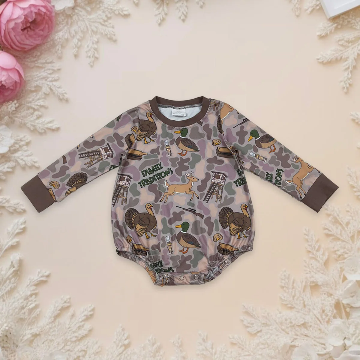 

Одежда для малышей, осенний коричневый камуфляжный комбинезон с длинными рукавами и индейкой утки, охотничий комбинезон для новорожденных, модное боди для маленьких мальчиков