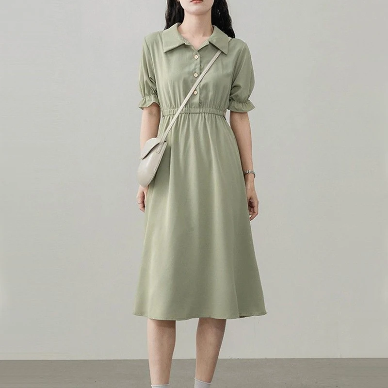 

Short Sleeve Knee Skirts Turn-down Collar Loose Dresses Temperament Button Solid Summer Pleated Fashion Casual Women's Clothing