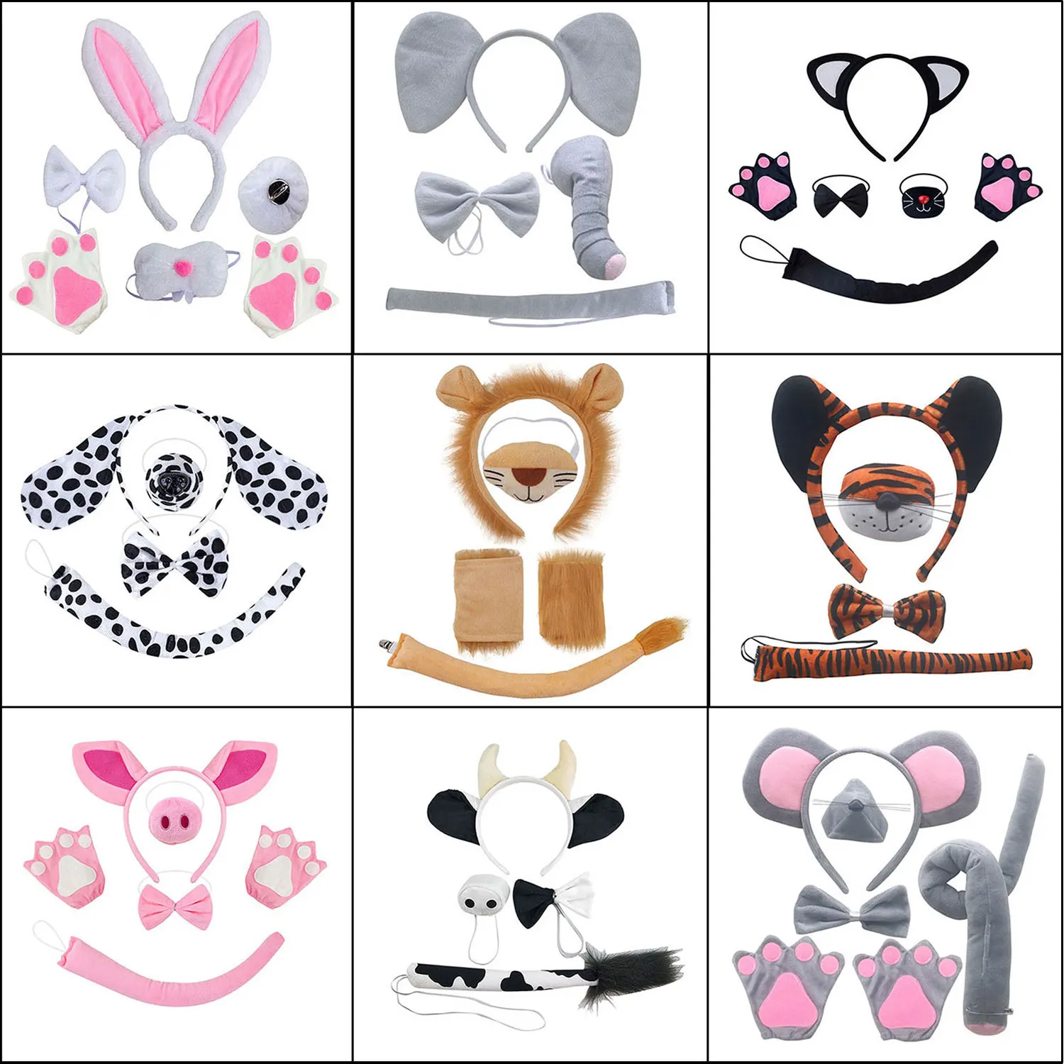 Umorden Child Adult Animals Elephant Pig Lion Tiger Dalmatian Mouse Milk Cow Cat Costume Accessories Ears Nose Tail Gloves Set