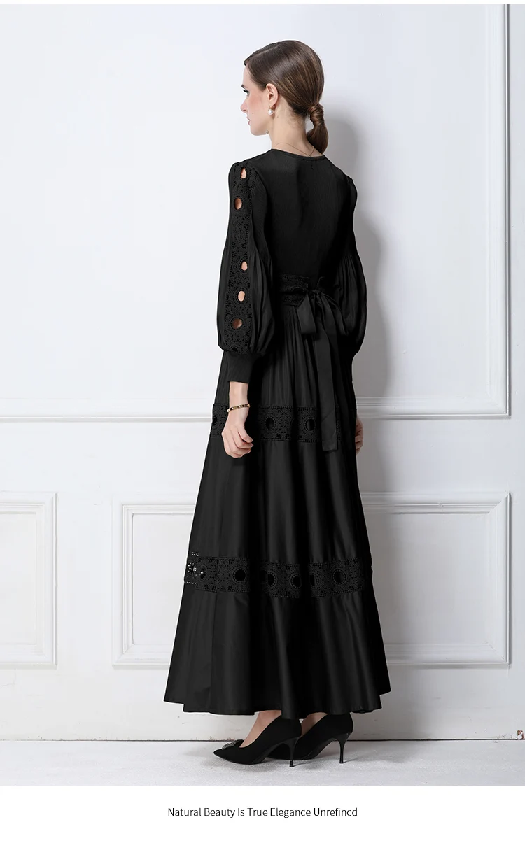 Abito lungo lungo autunnale stile Miyake - Abito da cocktail stile principessa in pizzo francese elegante a mezza manica in vita snellente