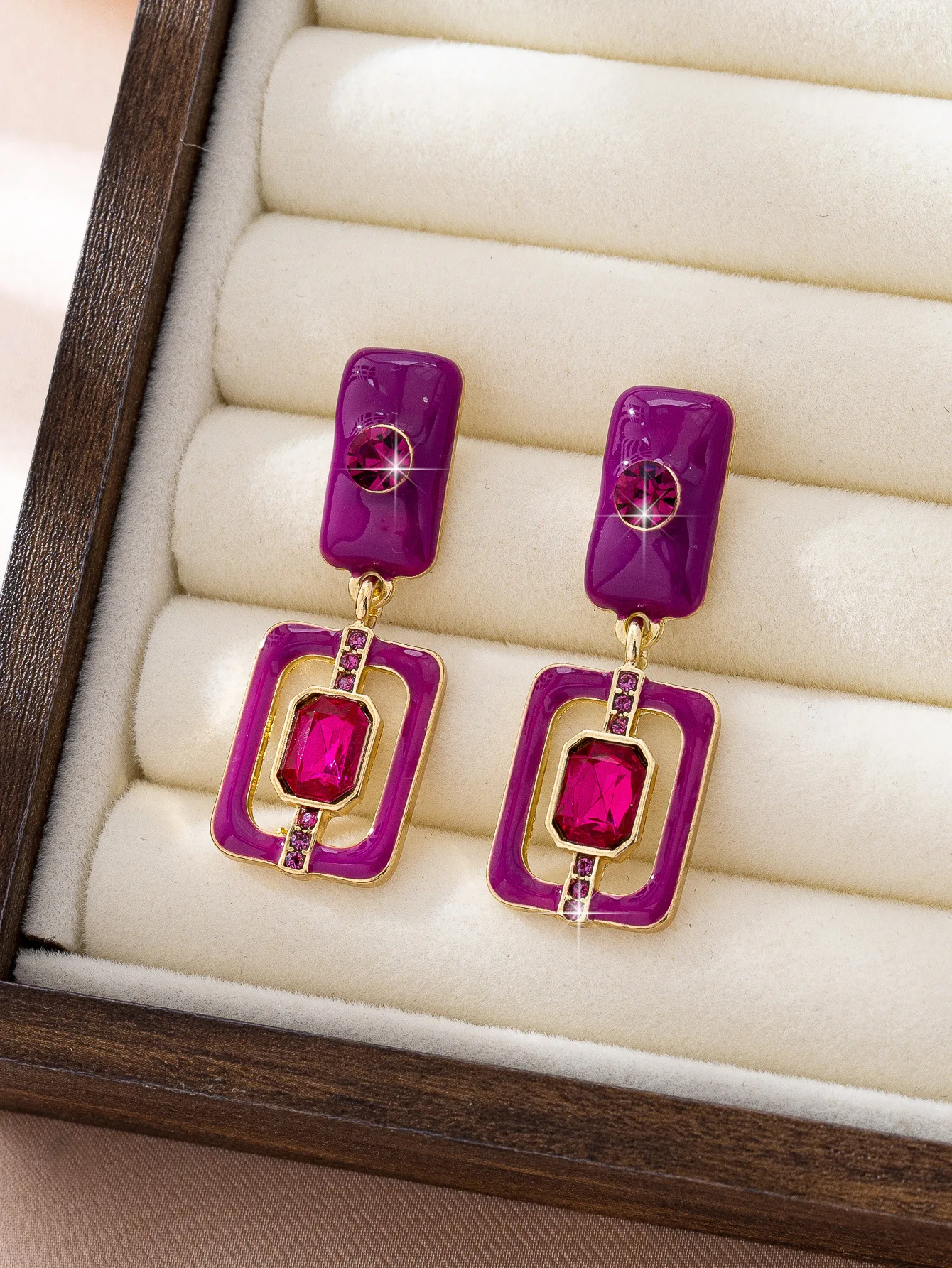 Women's Vintage Geometric Square Earrings Purple Enamel Fuchsia Rhinestone Statement Drop Earrings Party Fashion Jewelry