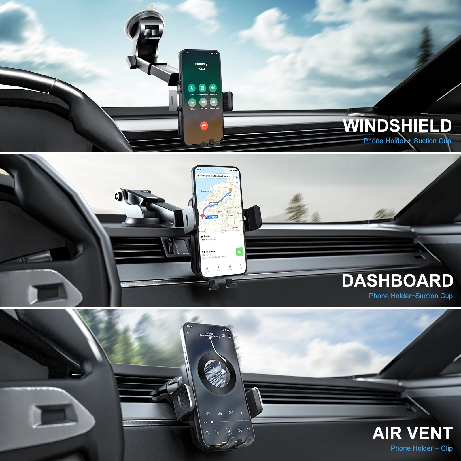 2024 UPDATED Wireless Car Charger, Fast Charging Phone Holder 3 in 1 Phone Mount Auto Clamping Compatible with iPhone Samsung