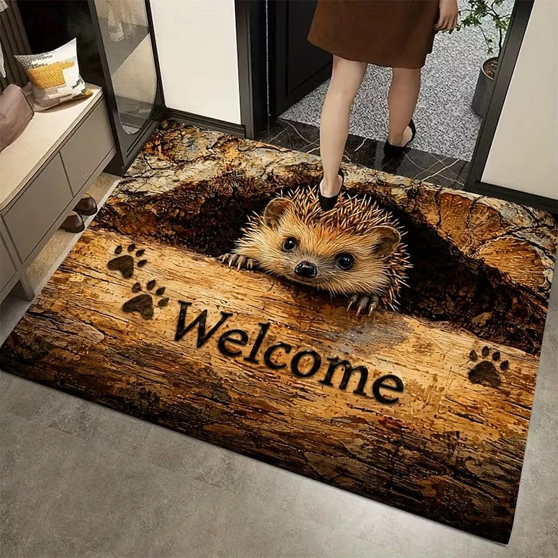 Hedgehog Welcome Doormat Cute Animal Design with Paw Prints Durable and Welcoming Entryway Mat for Home Decor MAT