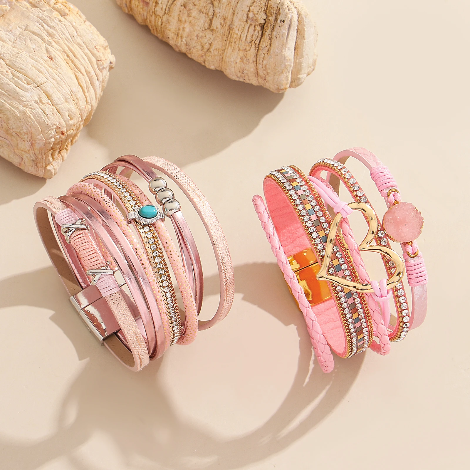 

Amorcome Fashion Hollowed Heart Leather Bracelet for Women With Rhinestone Inlay Winding Fine Chain Bracelet Jewelry Gift