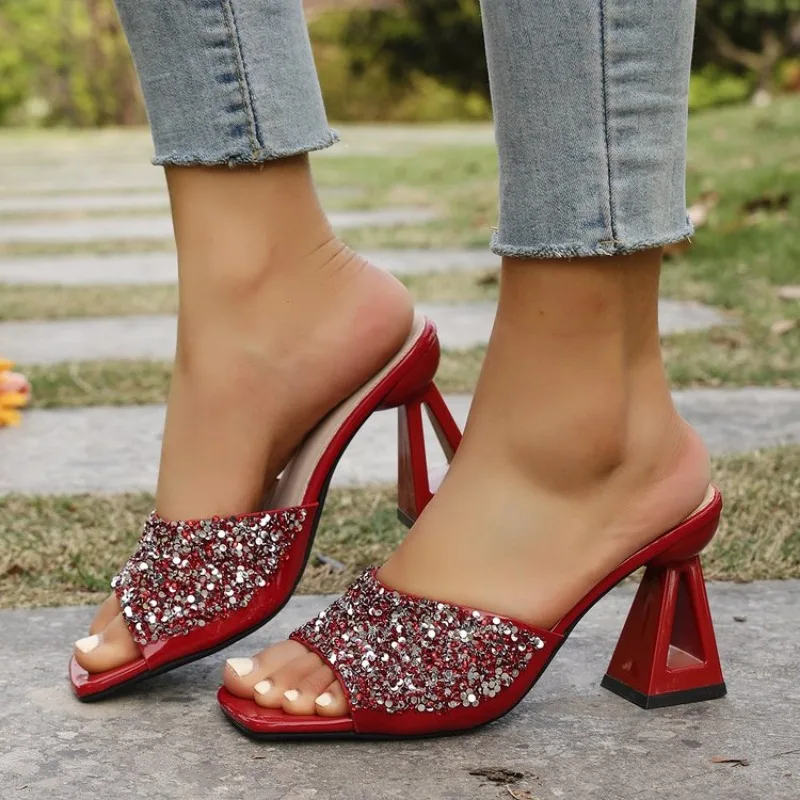

2025 New Gradual Color High Heels Sequin Sandals Summer Fashion Slipper Fish Mouth Slim Heels Large Size Women's Shoes Plus Size