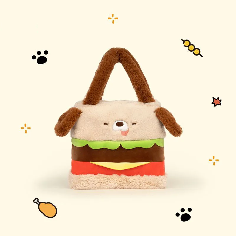 

Cute Hamburger Dog Plush Tote Bag Squishy Fluffy Handbag for Women Casual Daily Use Cartoon Food Themed Shoulder Bag Creativity