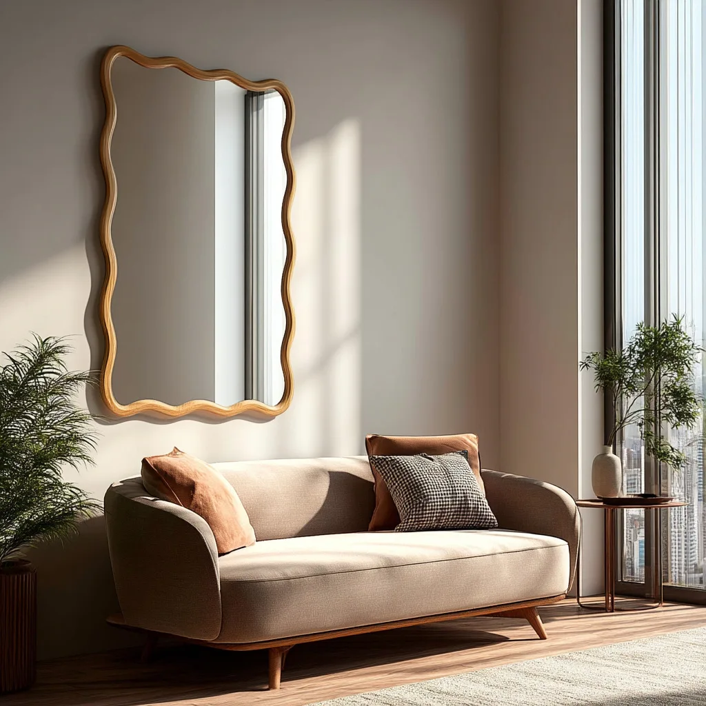 Solid wood makeup mirror bedroom retro wavy full-length mirror wall-mounted dressing mirror medium antique special-shaped