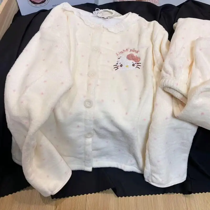 

Новый комплект пижамы Sanrio Hello Kitty: кардиган и брюки из фланели для женщин, для дома и улицы, осенне-зимний, теплый, милый, светлый, уютный комплект для сна