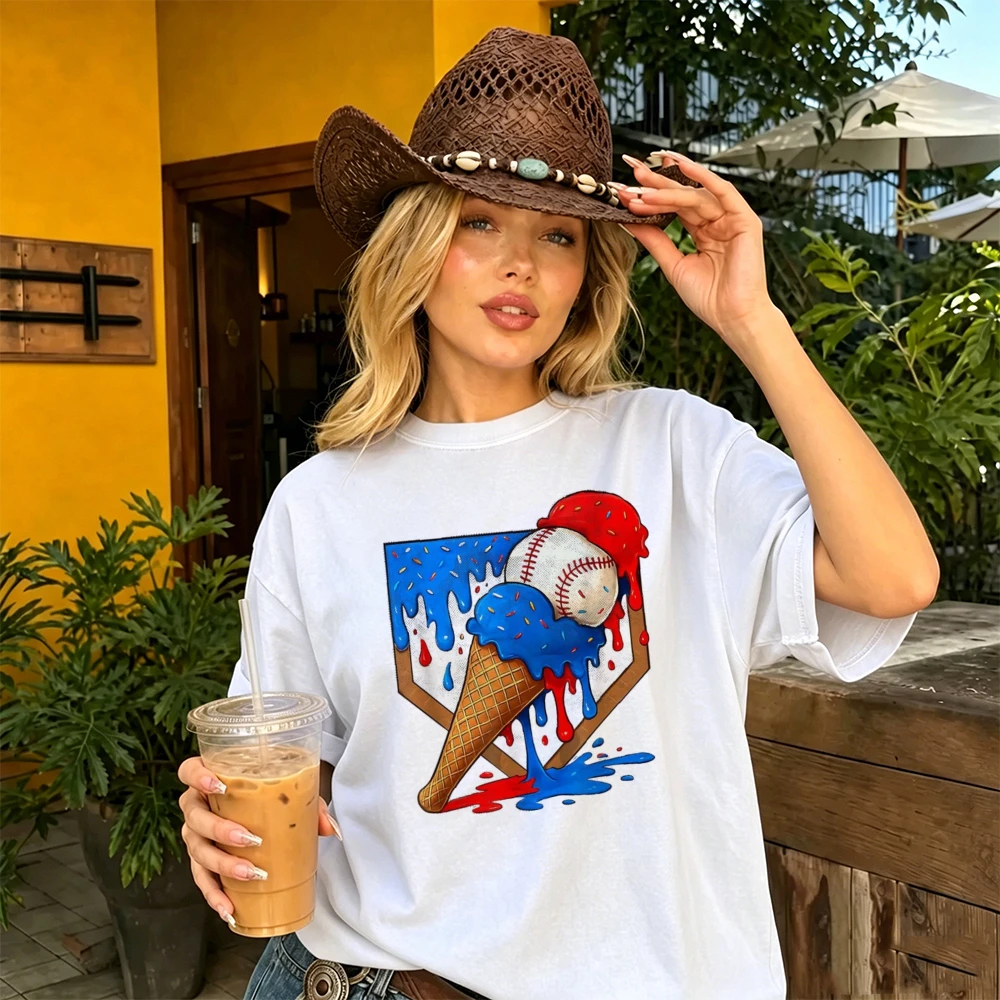 Dripping Ice Cream Cone Home Plate Baseball Graphic women Cool T Shirt Beach Party Top Trendy Gift For Baseball Enthusiasts