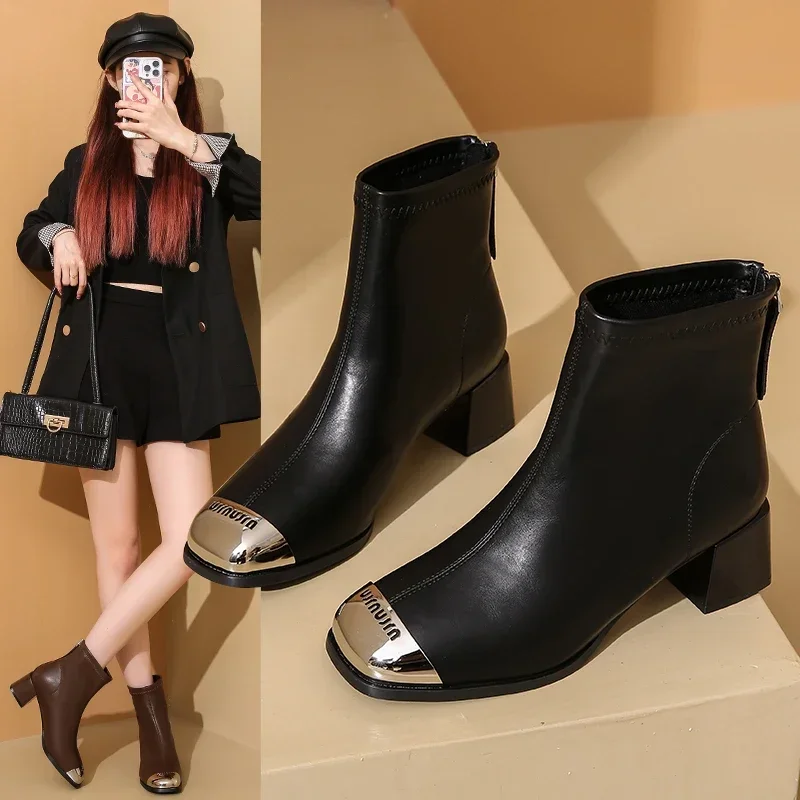 

2024 Luxury Designer Square Toe Women's Ankle Boots Flocked Elastic Shoes Thin Mid Heel Back Zipper Boots for Women Metal Toe