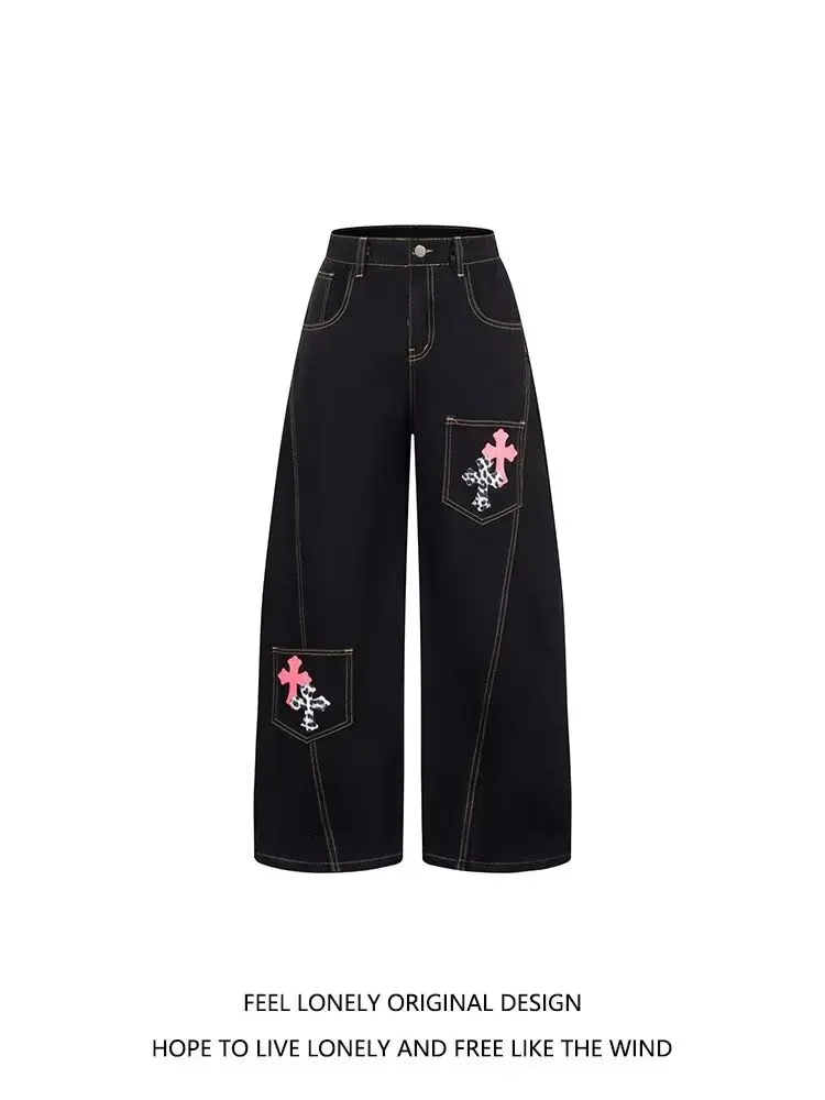 جينز ديني أسود منحني على الطراز الأمريكي مع طباعة متقاطعة متعددة الاستخدامات لكل من الرجال والنساء سروال Y2K فضفاض مناسب #6