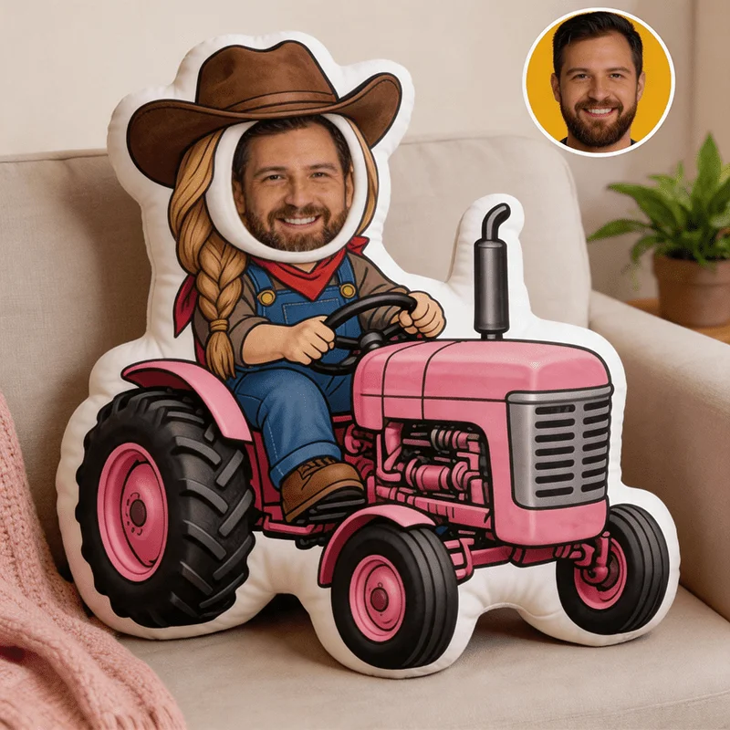 Custom Photo Pink Tractor Portrait Shaped Pillow, Pink Brown Decorative Cushion, Double-Sided Printing, 60CM Accent Pillow for S