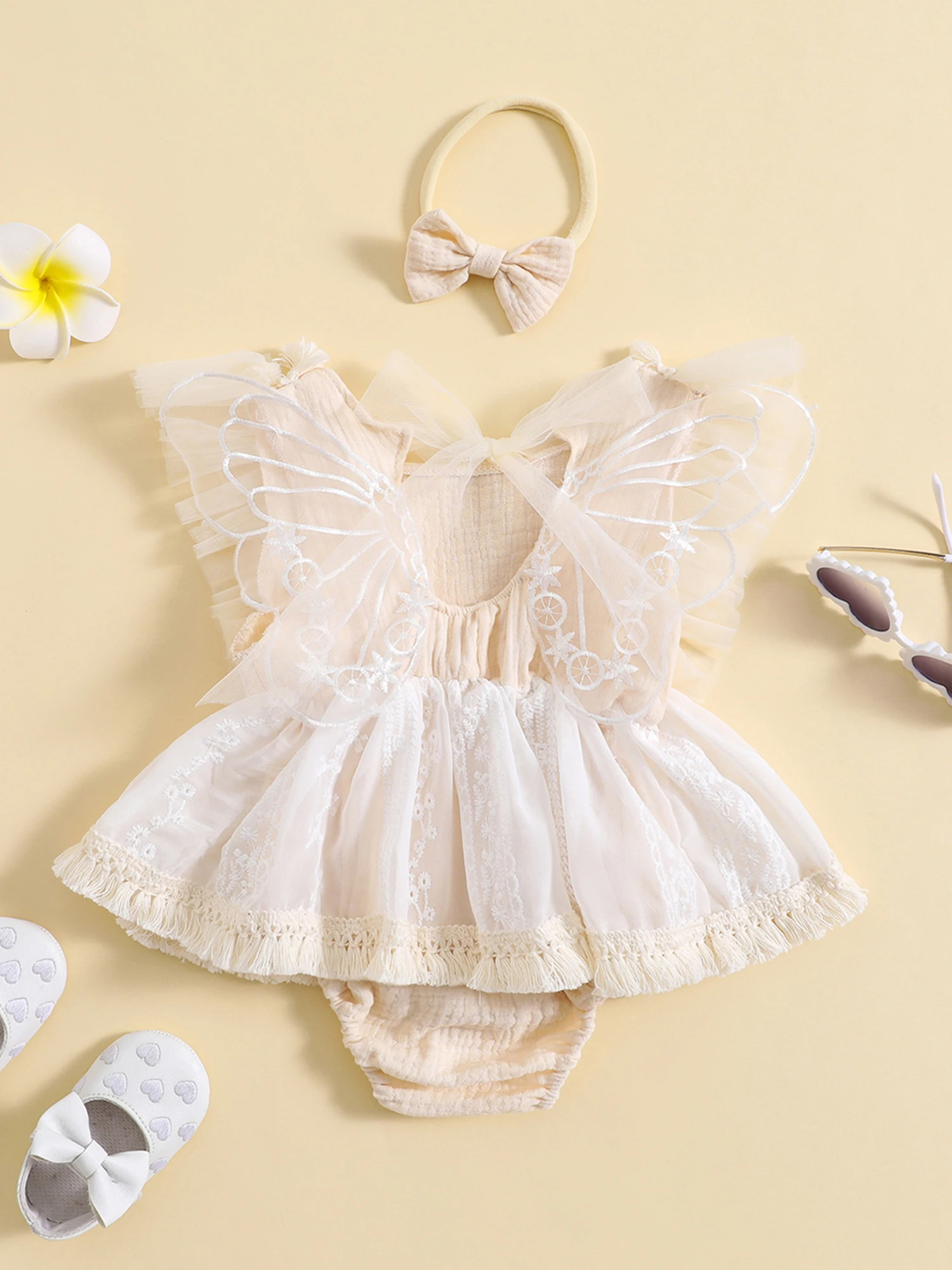 Baby Girl Lace Romper Dress Headband Boho Clothes Newborn Photography Outfits Beige 12-18 Months