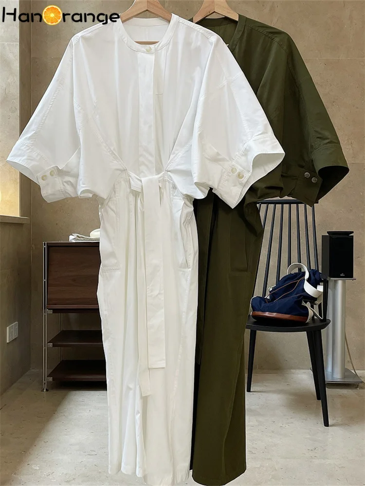HanOrange 2025 Spring Shirt Dress Loose Profile Tie Waist Art Half Sleeve Dress White/army Green