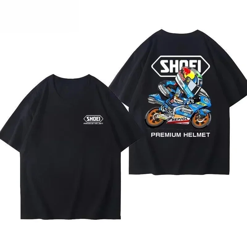 2026 Vintage Double Sided Cartoon Moto Racer Graphic T Shirt Unisex Men Women Retro Biker Racing Bike Print Cotton Short Sleeve