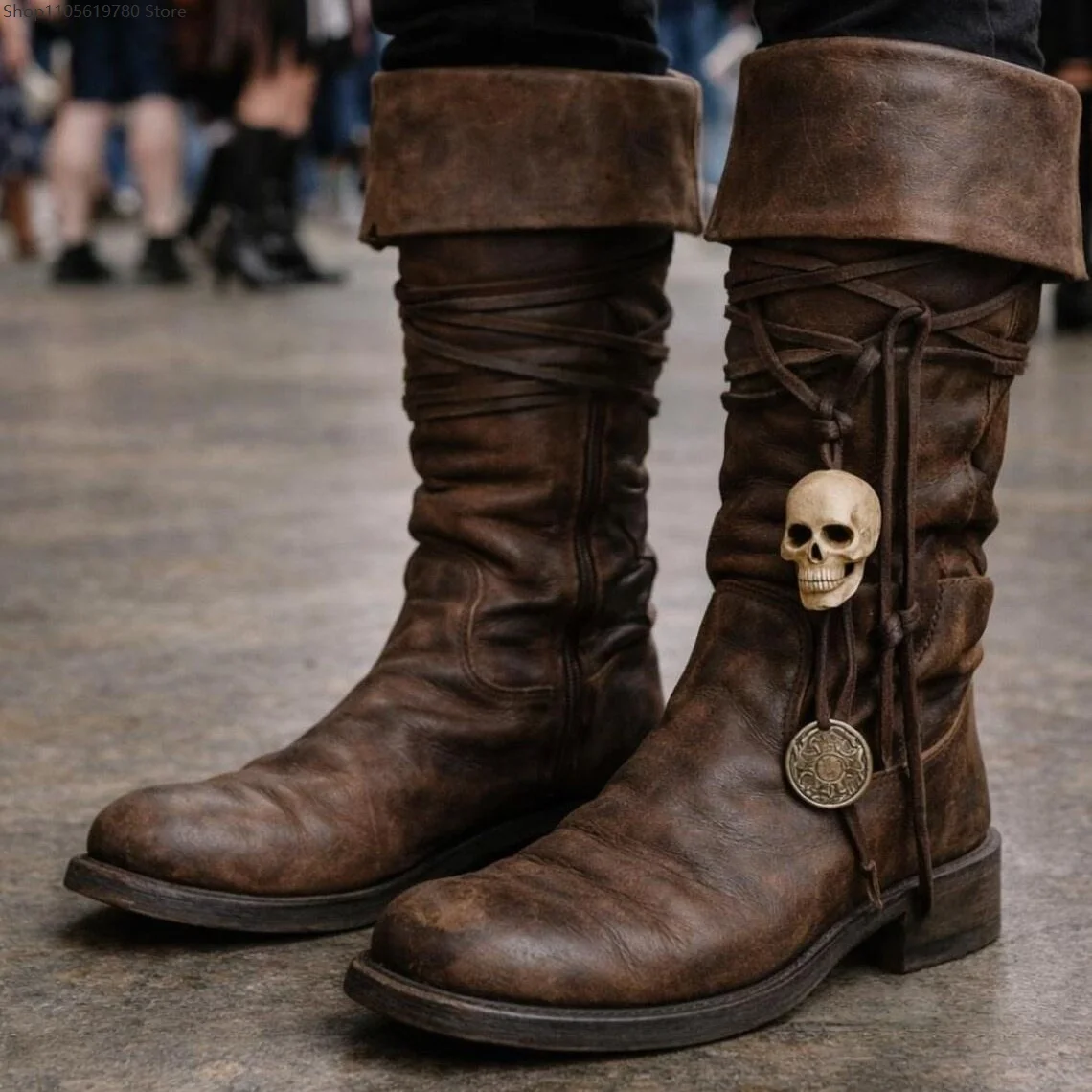 Men Vintage Medieval Cosplay Knee High Boots Faux Leather Pirate Style Lace Up Skull Coin Pendant For Renaissance Stage Dress