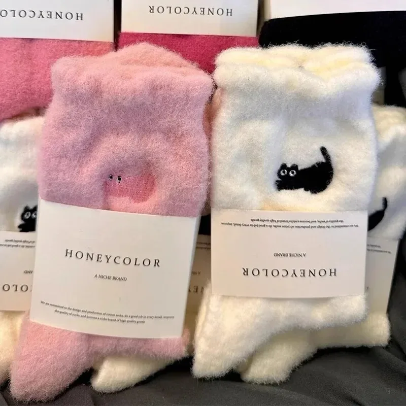 3 pares bonito gato vison velo meias macias para mulheres inverno quente engrossar coral meias de pelúcia térmica neve casa sono chão kawaii meia