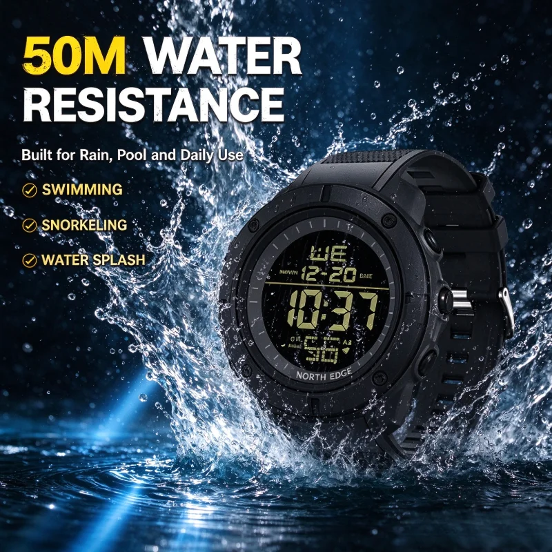 NORTH EDGE Men's Digital Watch Army Military Style World Time Alarm Sport Stopwatch Waterproof 50M Male Wristwatch