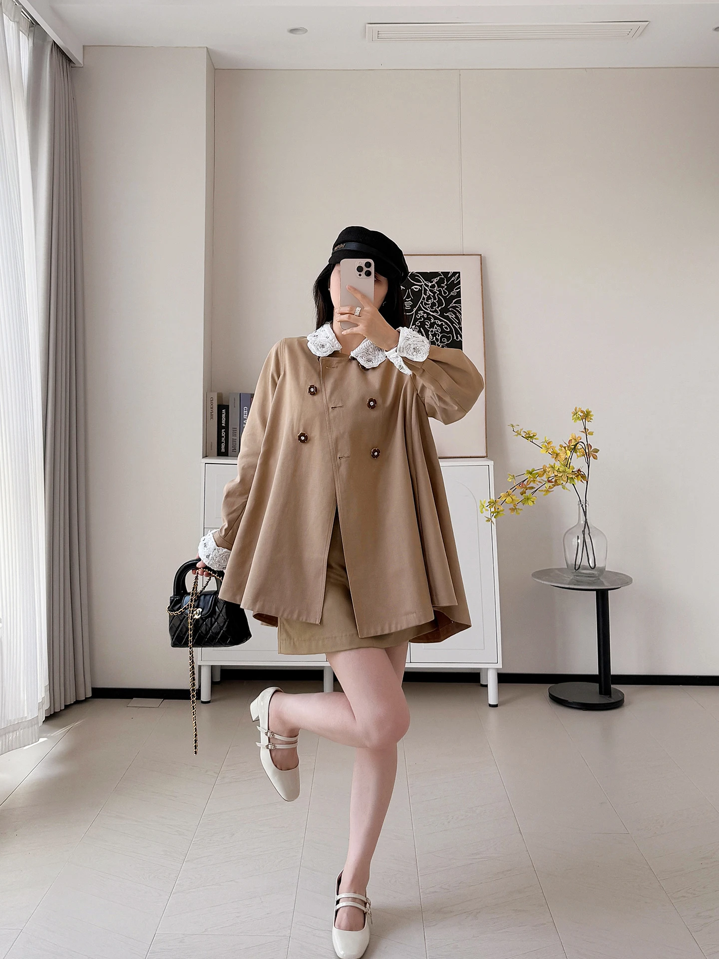 

Romantic Khaki Doll Collar Lace Splicing Women's Windbreaker A-Line Pure Cotton Mid-Length Outerwear Commute Sle Polyester ...