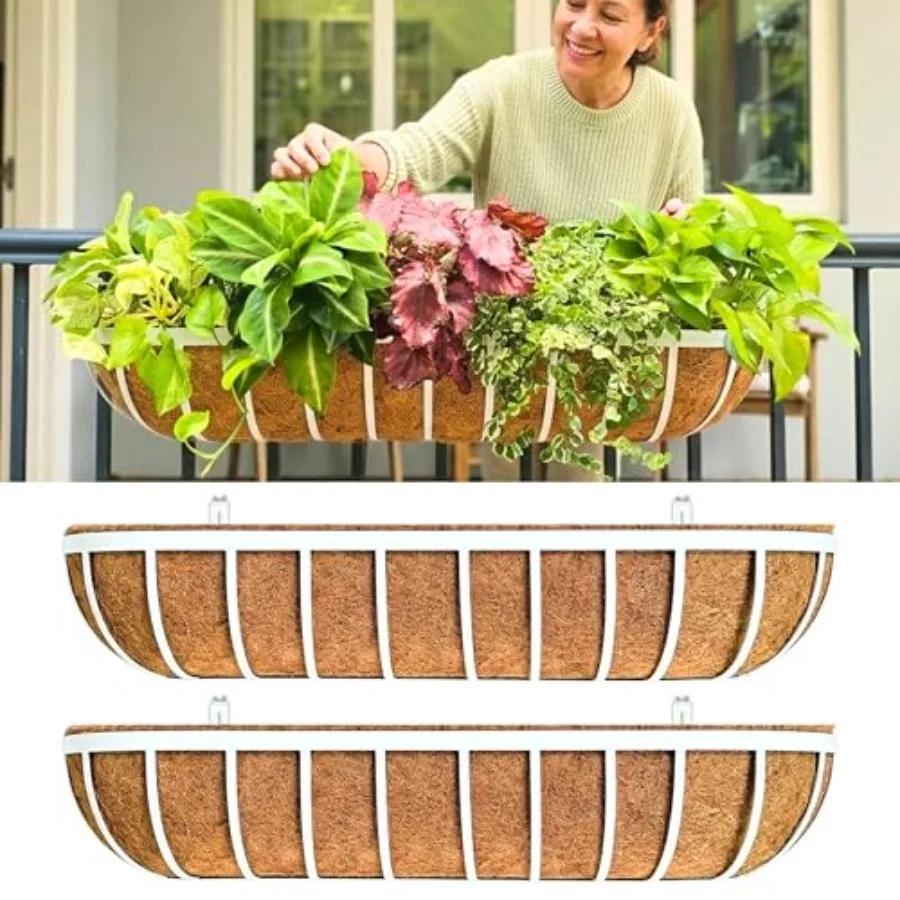 

LaLaGreen Deck Railing Planter Boxes 2 Pack 36 White Metal Extra Large Wall Hanging Planter with Coco Liner Rectangular Window