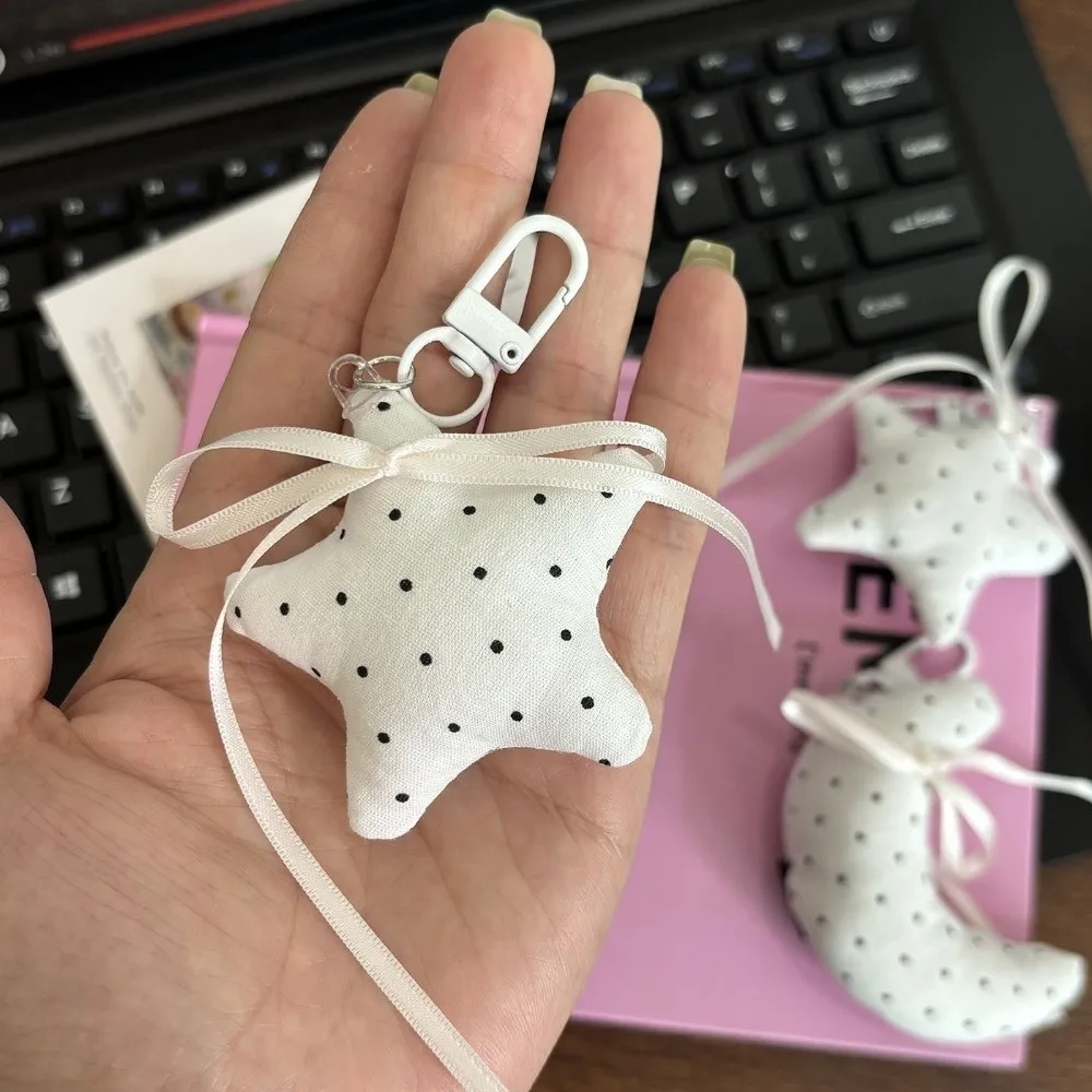 Polka Dot Pattern Keychain Soft Fabric Ribbon Bow Design Pendant Ornament Moon Star Heart Shape Hanging Pendant Style