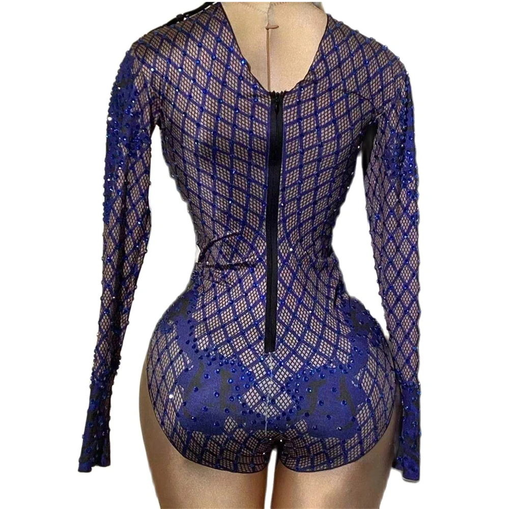 Royal Blue Bodysuit Rhinestone Jumpsuit ผู้หญิงประกายคริสตัล Bodycon เที่ยวกลางคืน DJ ชุดเวที Catwalk แสดงเครื่องแต่งกายเต้นรำ