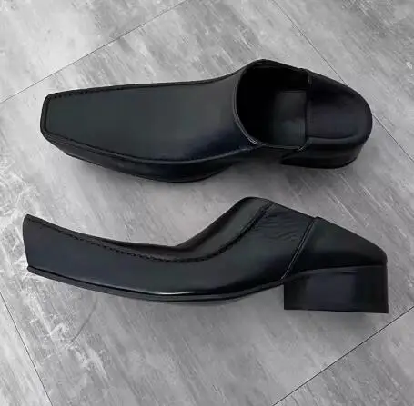 Unisex Black Leather Big Long Square Toe Med Heels Loafers Women And Man Two Way Wear Slip On Derby Shoes Male Drop Shipping