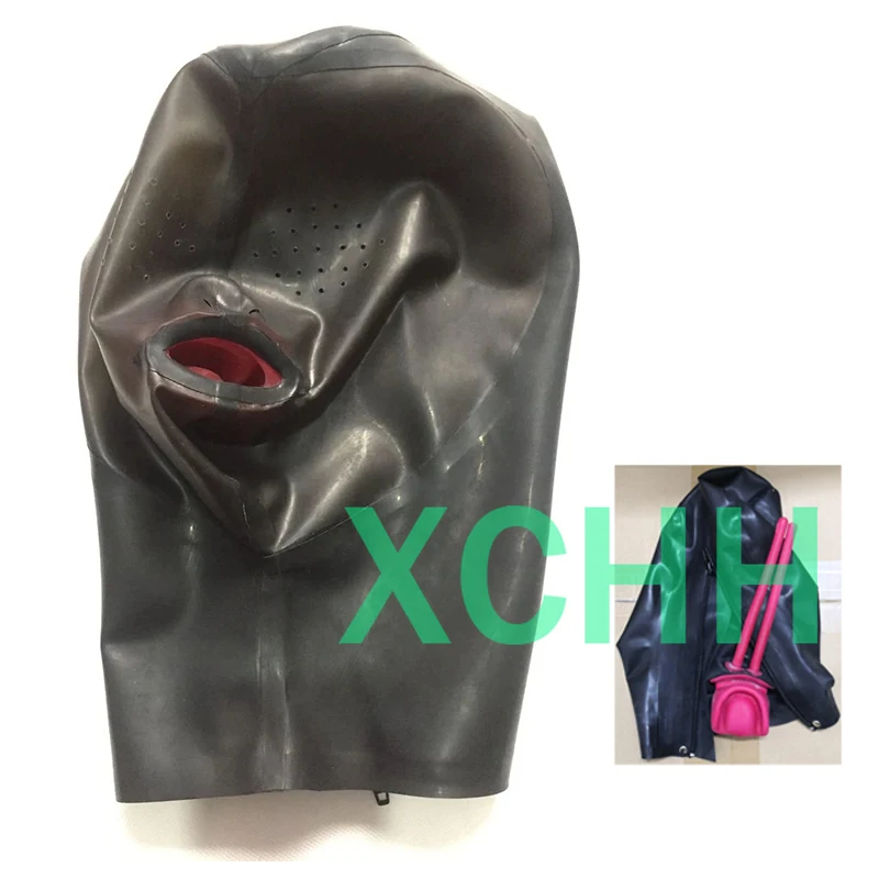 

Natural Latex Hood Handmade Men Woman Rubber Mask with Long Nose Tube Teeth Gag and Mini Eye Hole Braces Cosplay Costumes