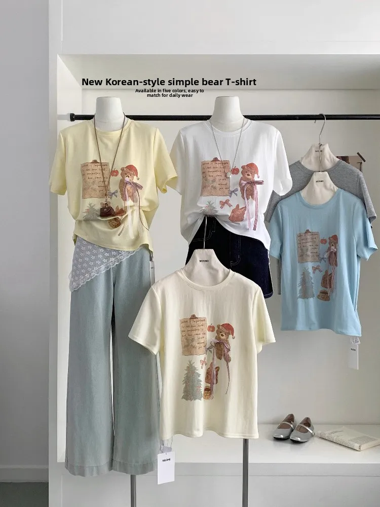 

Loose Bear Pattern Knot ort Sve T-irt Women's Summer New Sle Korean Version Cotton Casual Top