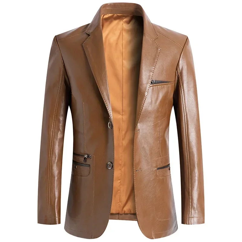 

Mens Fashion Brown Leather Jacket Blazer Classic Motorcycle Lightweight Faux Leather Outwear Coat Spring Autumn Wear Suit jacket