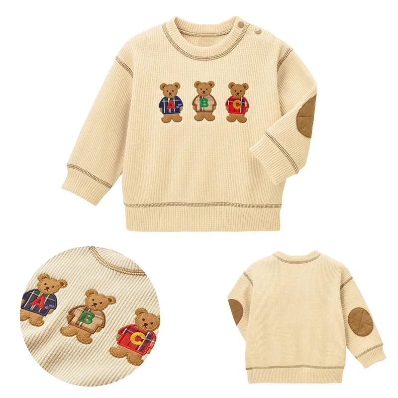 

Boys' Sweatshirt Autumn and Winter New Children's Waffle Casual Cute Bear Embroidered Long Sleeve Sweatshirt Round Neck Top