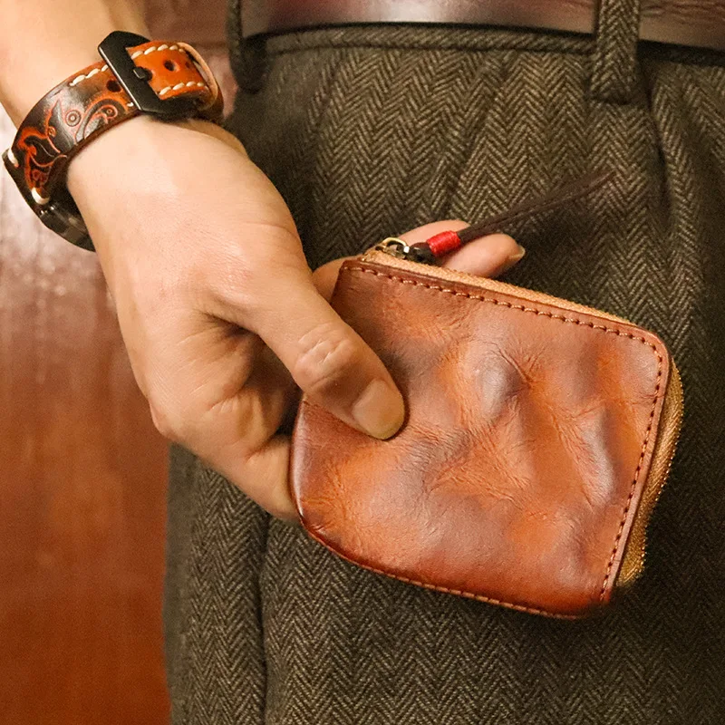Ultra-Small Portable Top-Layer Cowhide Leather Worn-Out Coloring Zipper Wallet for Men And Women Handmade Magidon Key Coin Bag