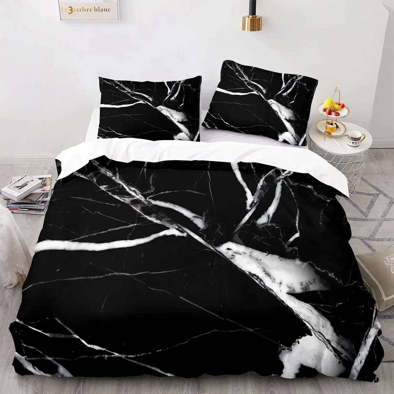 White Gold Abstract Marble Texture Bedding Set Boys Girls Twin Queen Size Duvet Cover Pillowcase Bed Kids