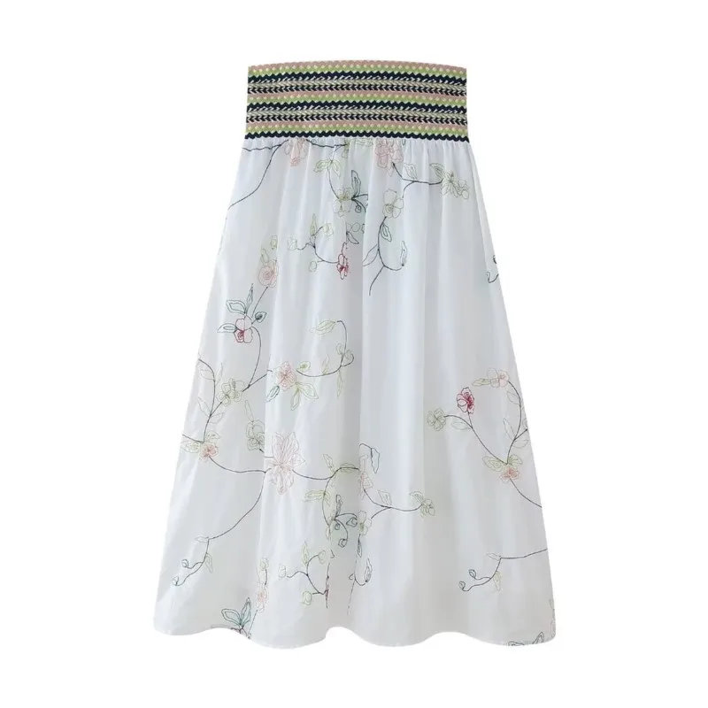 

Flower Embroidered High Waist Midi Skirt For Women Summer Casual Simplicity Chinese elegant sweet Style Ankle-Length Skirt