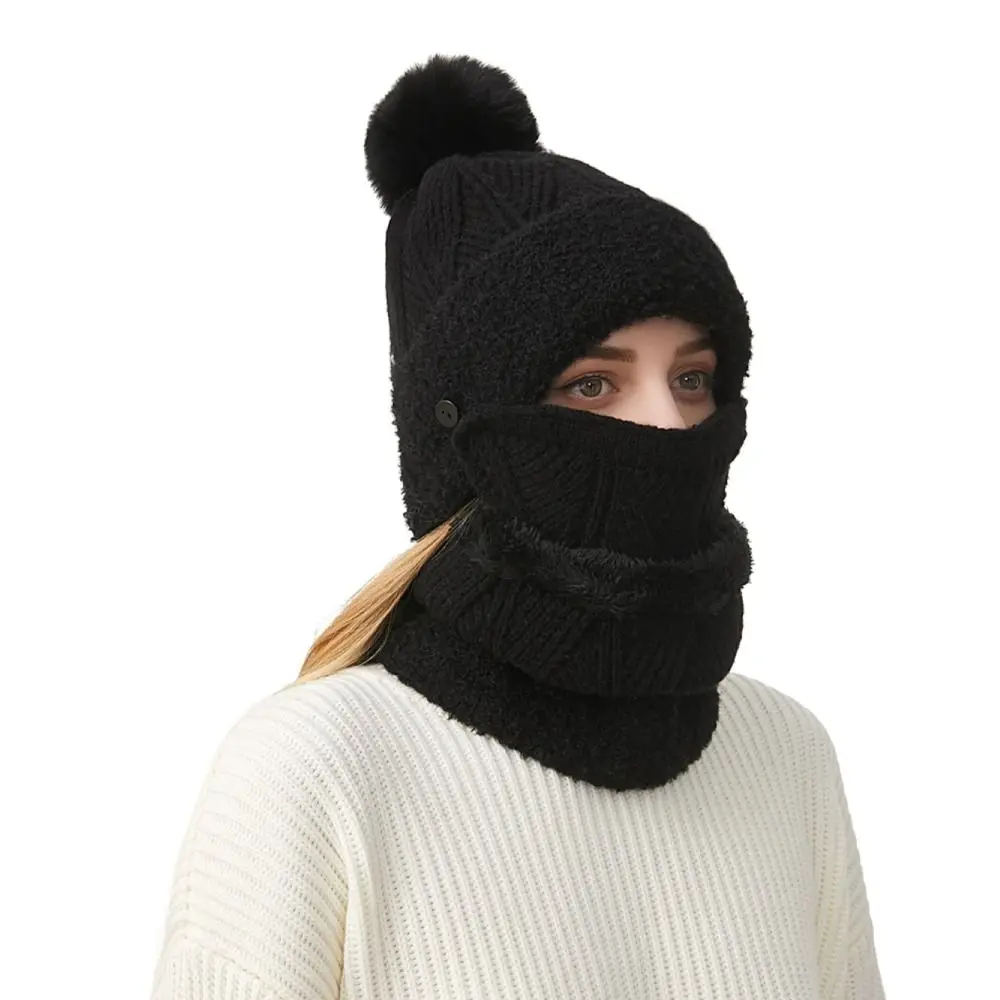 3-in-1 gebreide mutsen met geïntegreerde nekbeschermer en masker Slouchy gebreide muts met pompom Fietsen Skiën Winddicht