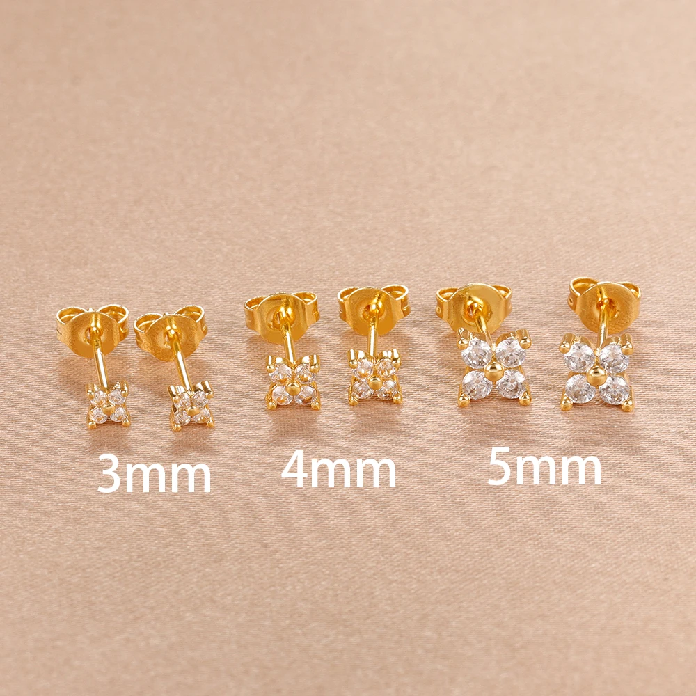 2PCS Exquisite Cubic Zirconia Small Round Four Petals Flower Stud Earring Gold Color For Women Romantic Jewelry Gifts 3/4/5mm