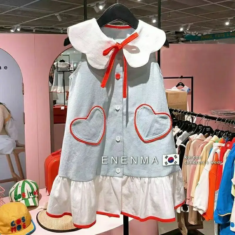 Girls Dress Korean Children's Summer Style Girls' Ruffle Collar Sleeveless Dress Children's Fashionable Love Lace up Vest Skirt