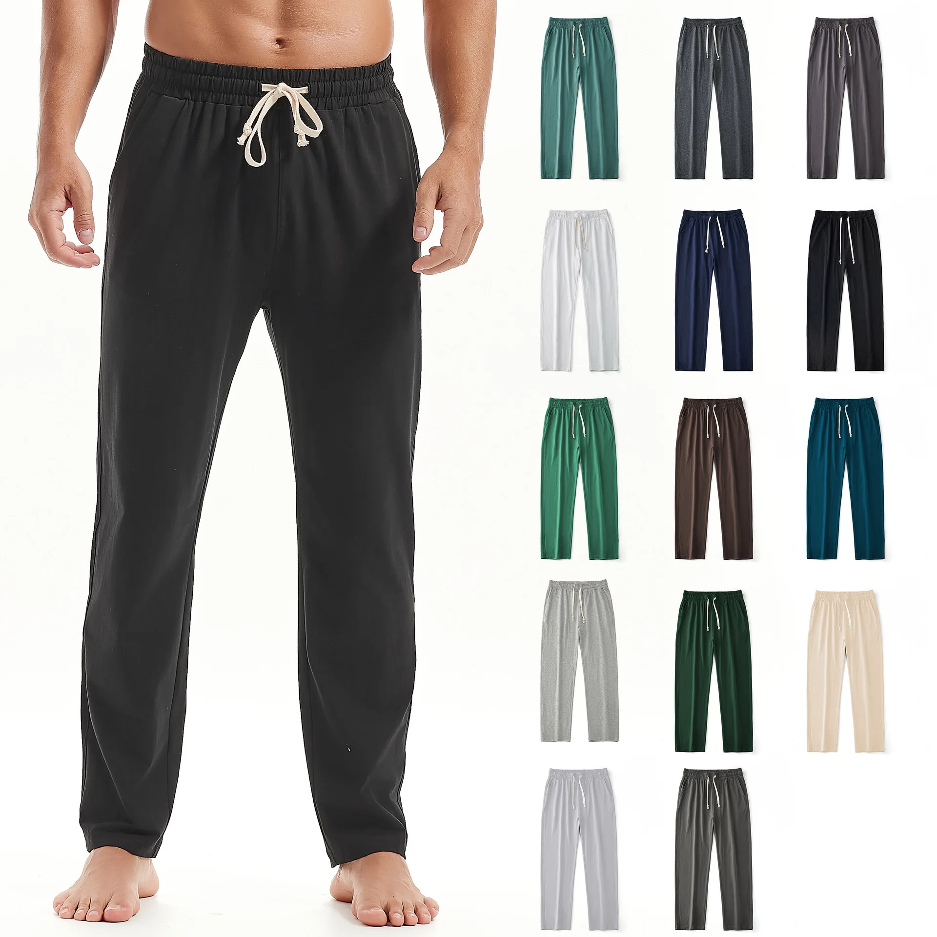 

2025 New Men's Casual Pants Solid Color Straight Leg Drawstring Joggers, Athletic Fit Elastic Waist Comfortable Sportswear