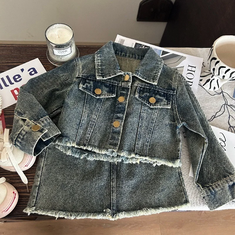 

Baby Girls' Denim Half Skirt Set Autumn New Turn Down Collar Raw Edge Cowboy Jacket Top Korean Fashion Girls Skirts 2 Piece Set