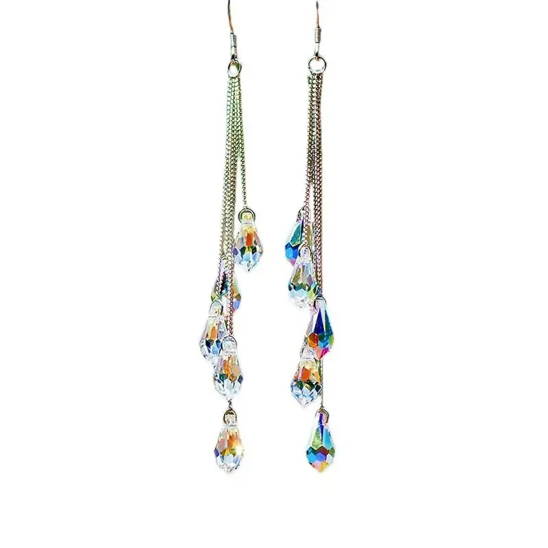 Long Crystal Waterdrop Tassel Earrings for Women, New Elegant Style, Luxury Shiny Jewelry