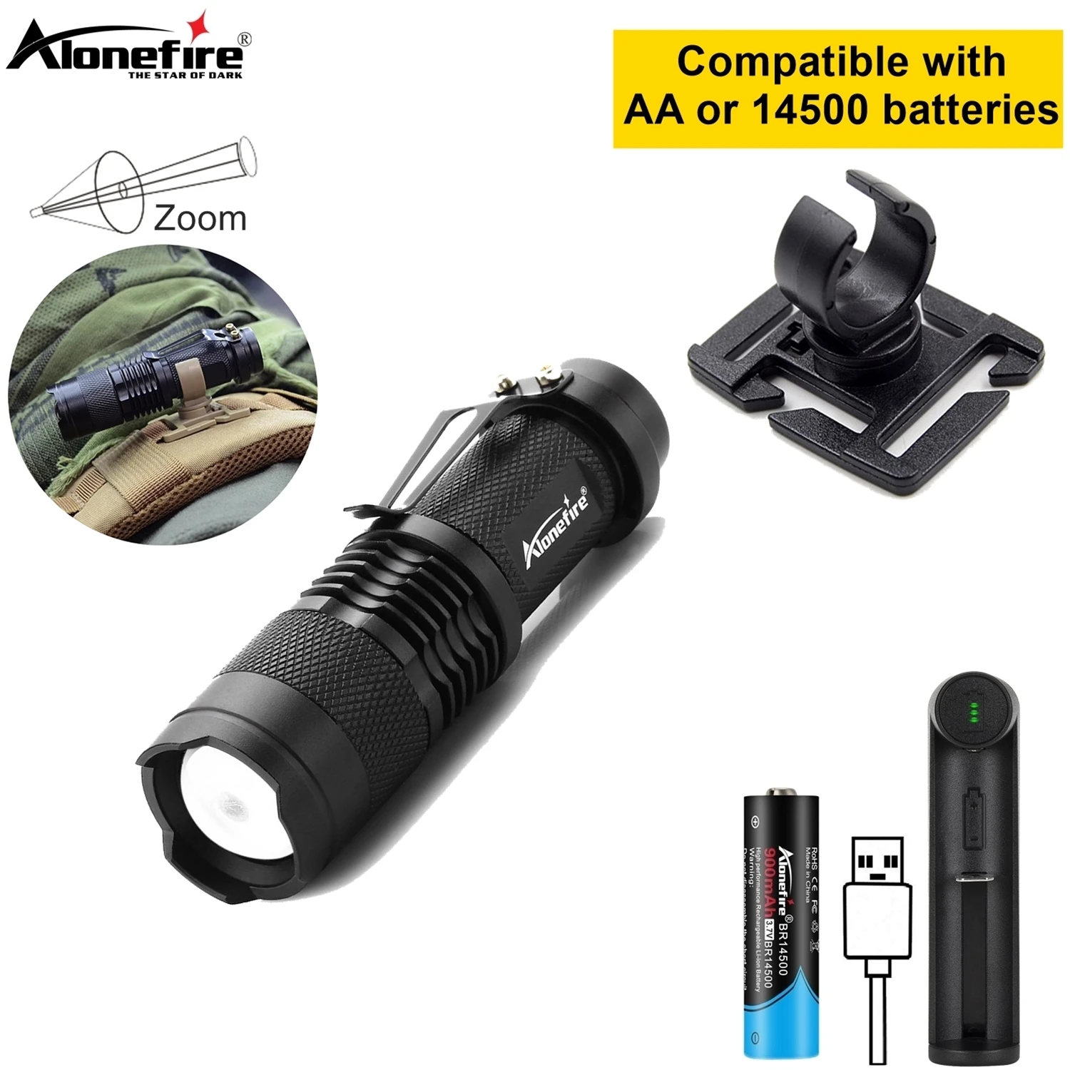Linterna táctica mini recargable con zoom y clip - imagen 3